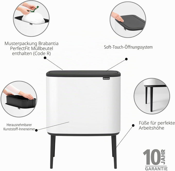 Brabantia Bo Touch Bin 36 L Abfalleimer, Metall, Weiss, 54 x 32 x 68 cm, 1 Einheiten 36 litres (9.5