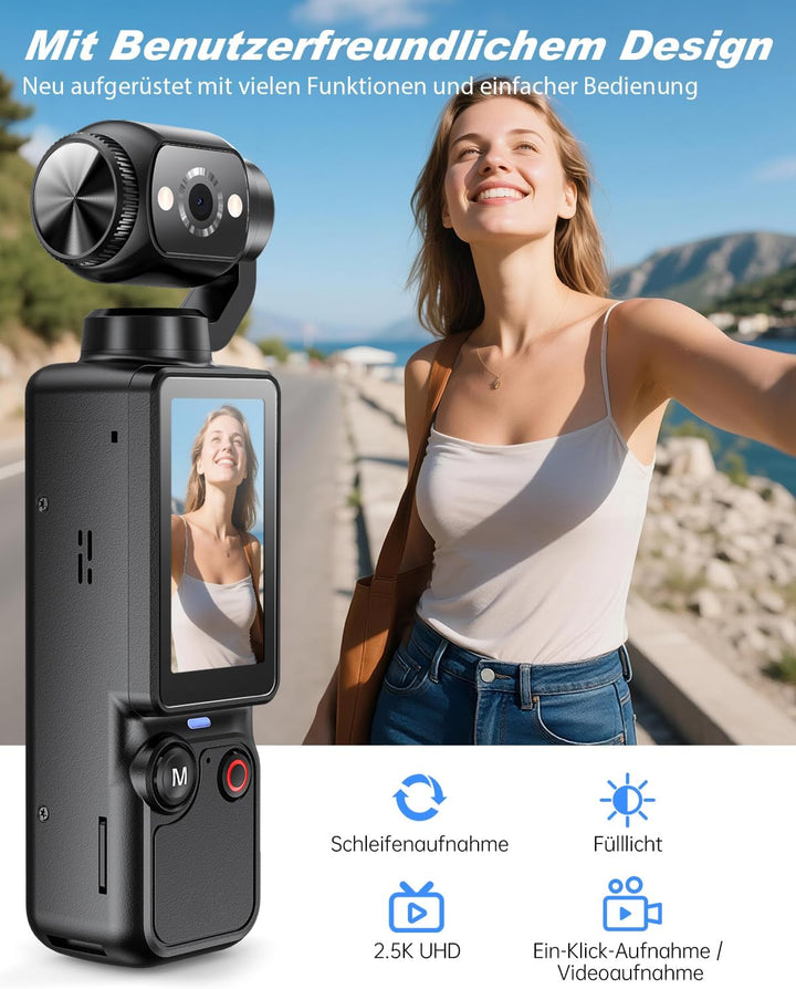 W & O 2,5K Vlog Kamera mit 180° Drehbarer Objektiv,Taschen Körperkamera Bodycam mit Audio&Video Aufn