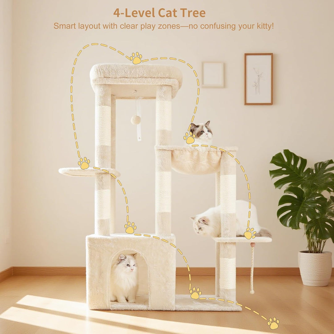 Heybly Kratzbaum 120cm - Grosser Katzenbaum für Erwachsene Katzen mit XL-Basis, Katzenwohnung mit Me