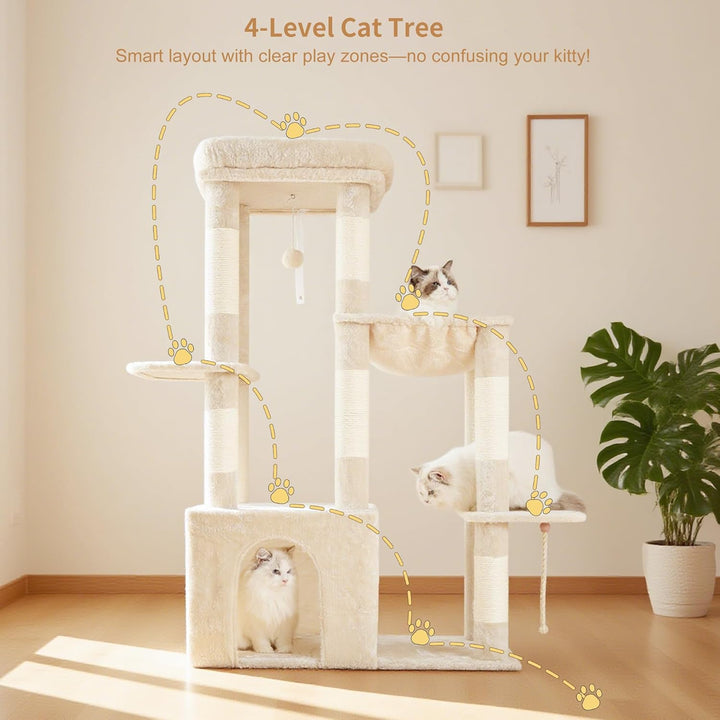 Heybly Kratzbaum 120cm - Grosser Katzenbaum für Erwachsene Katzen mit XL-Basis, Katzenwohnung mit Me