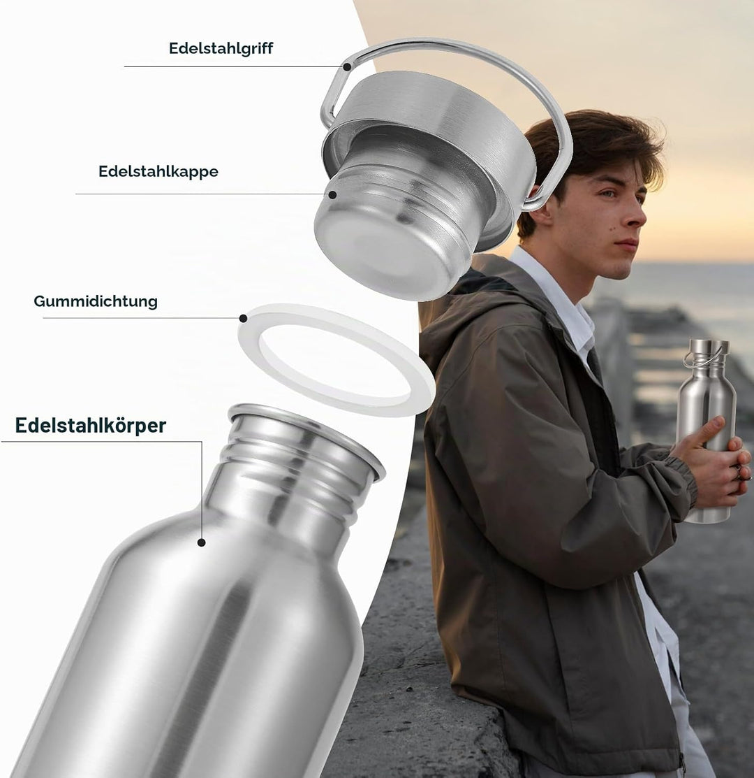 Volhoply 1000ml nicht isolierte einwandige Wasserflasche 4 Packung, Edelstahl wiederverwendbare Wass