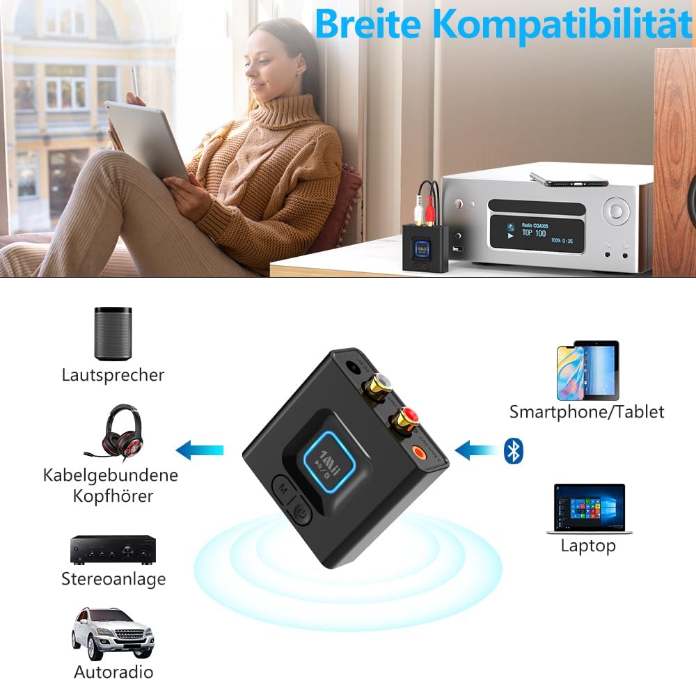 ML201 Adapter für Stereoanlage, Bluetooth 5.0 Empfänger mit 3.5mm AUX Cinch, drahtloser Audio Receiv