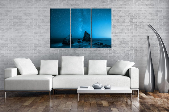 atemberaubender Sternenhimmel am Meer Effekt: Zeichnung Format: 3-teilig 120x80, Motiv fertig gerahm