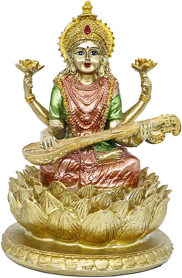 BangBangDa Hindu-Göttin Lord Saraswati Statue – Indisches Idol der Musik sitzend auf Lotus-Skulptur