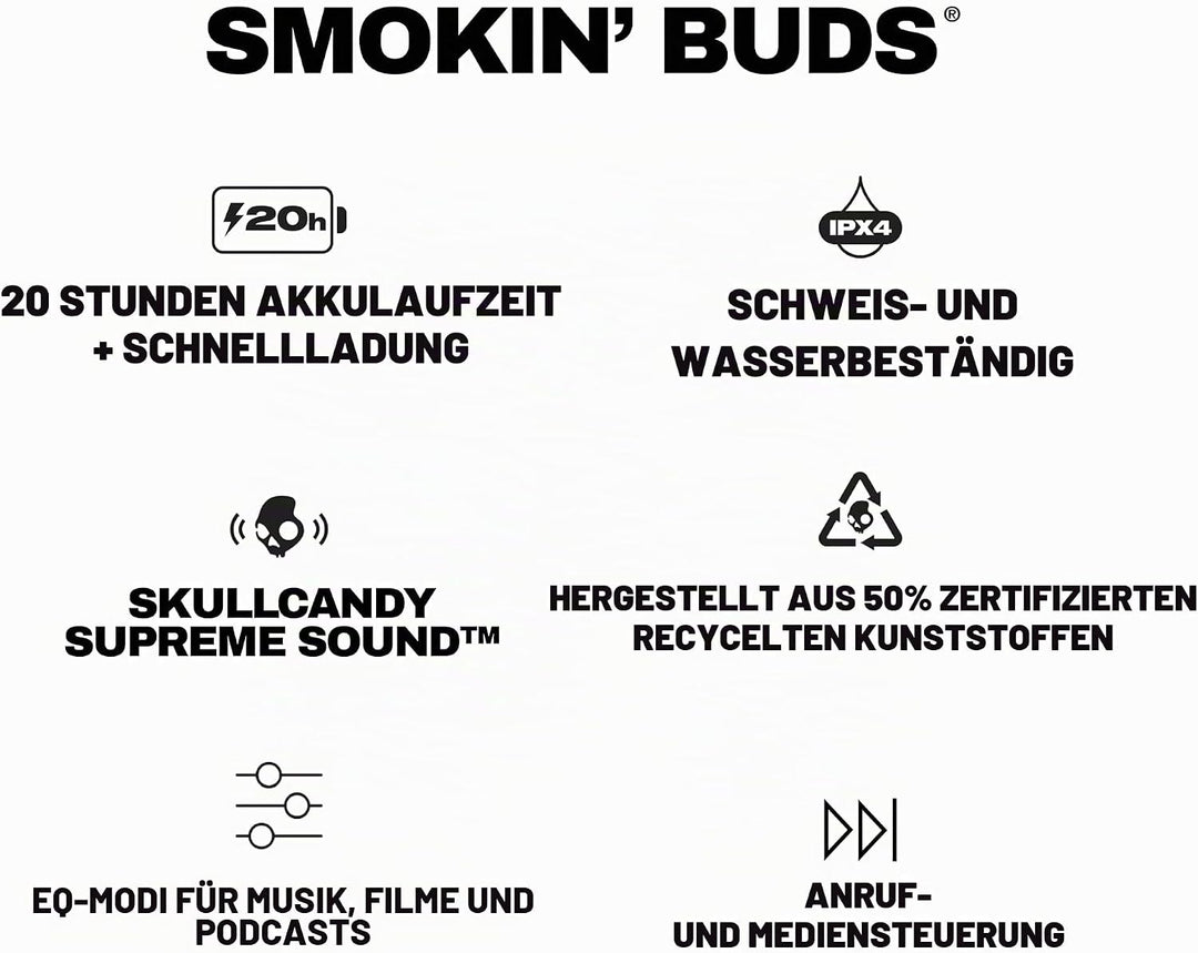 Skullcandy Smokin’ Buds Wireless Earbuds, Bluetooth-Kopfhörer, schallisolierende Passform, bis zu 20
