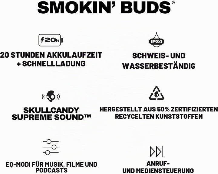 Skullcandy Smokin’ Buds Wireless Earbuds, Bluetooth-Kopfhörer, schallisolierende Passform, bis zu 20