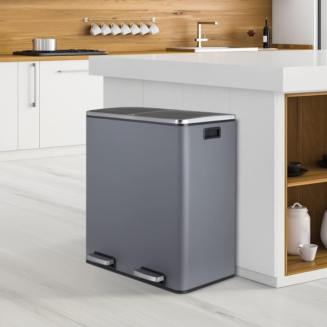 LIFERUN Mülleimer 2 Fächer, Abfalleimer Küche 60L (2x 30 Liter), aus Metall, mit Softclose Deckel, 2