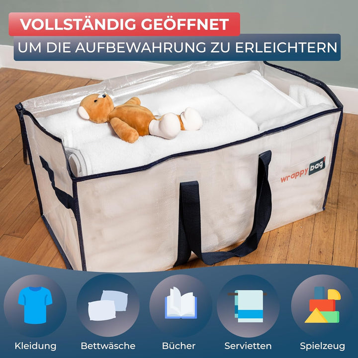 WRAPPYBAG im 4er-Pack Grosse Aufbewahrungstaschen aus transparentem Kunststoff – XXL-Tasche für Umzu