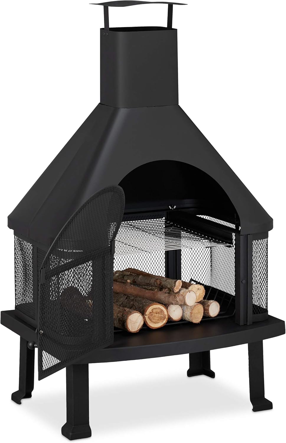 Relaxdays, schwarz Terrassenofen mit Grill, Feuerstelle mit Funkenschutz, Schürhaken, massiv, Stahl,