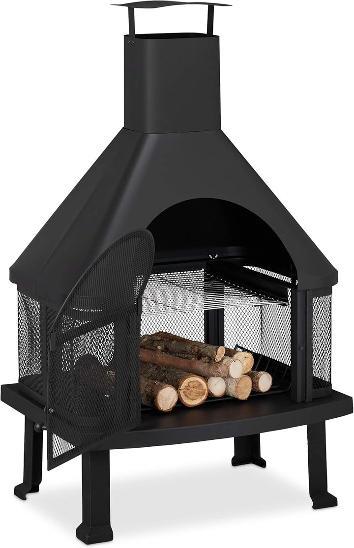 Relaxdays, schwarz Terrassenofen mit Grill, Feuerstelle mit Funkenschutz, Schürhaken, massiv, Stahl,