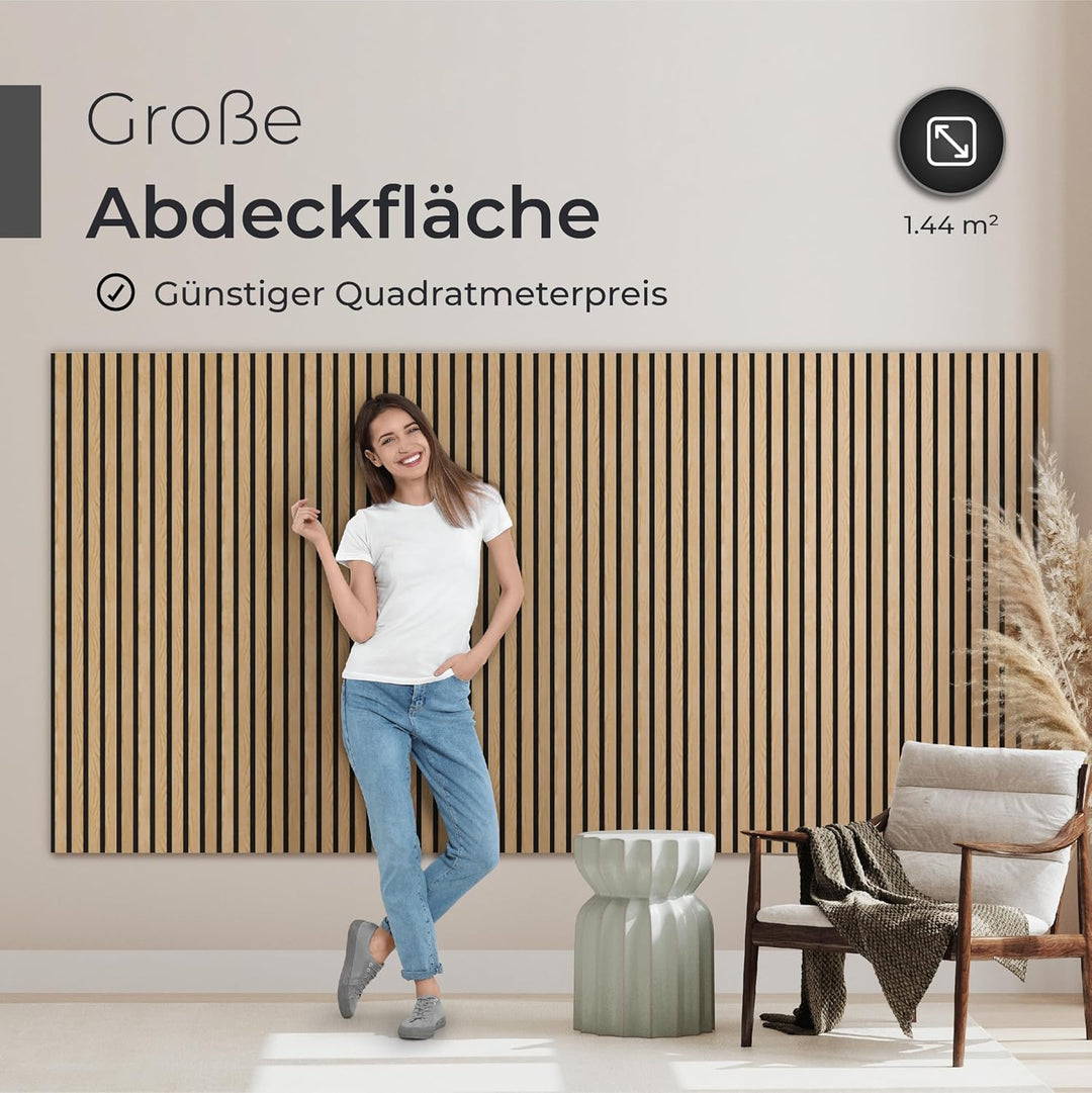 Akustikpaneele Holz – 2er-Set | 120x60cm | Echtholz Eiche & Akustikfilz Schwarz – 3D Wandpaneele für