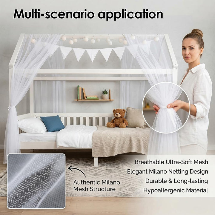 Yuragim Hausbett Himmel 2er-Set, Betthimmel Hausbett Musselin (Weiss, 150x350 cm)