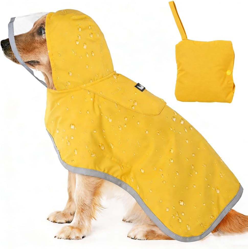 Hunderegenmantel, Wasserdichter Regenmantel für Hunde mit Kapuze & Reflektierende Streifen, Verstell