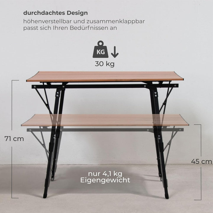 osoltus Campingtisch Fjord höhenverstellbar Aluminiumgestell | Klapptisch Holzoptik-Tischplatte 90cm