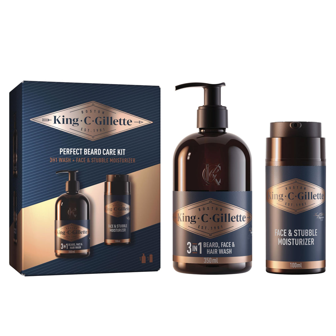 King C. Gillette Geschenkset mit Bart-, Gesichts- und Haarreiniger, 3 in 1, 350 ml und Bartcreme, 10