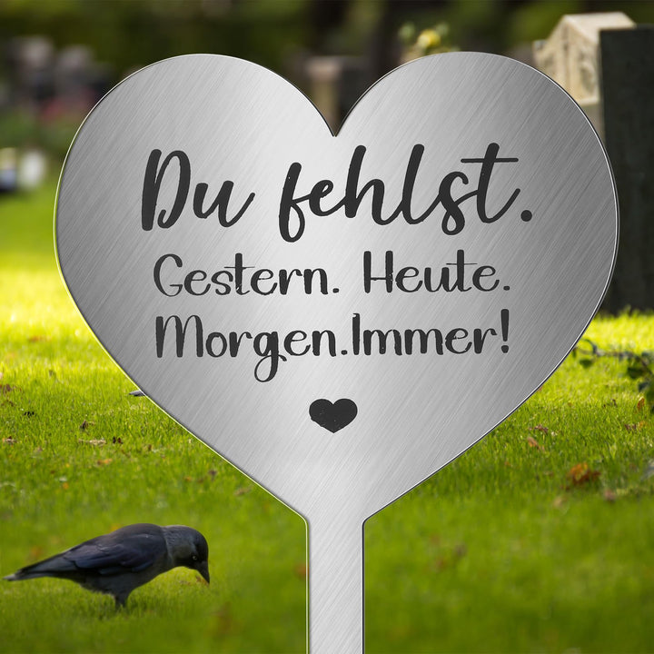Photect Grabstecker Edelstahl Herz mit Spruch du Fehlst.GESTERN. Heute. Morgen. Immer! Herz Grabdeko