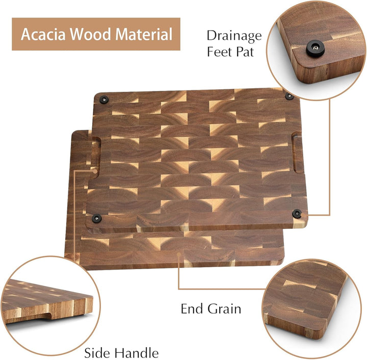 HEZHEN Akazienholz Hackbretter, Hirnholz Schneidebrett,Servierbrett, Rutschfesten Füssen,Eingebauten