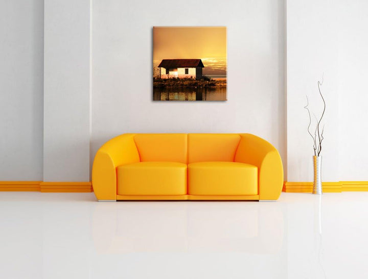 Pixxprint Haus am See bei Sonnenuntergang als Leinwandbild | Grösse: 70x70 cm | Wandbild| Kunstdruck
