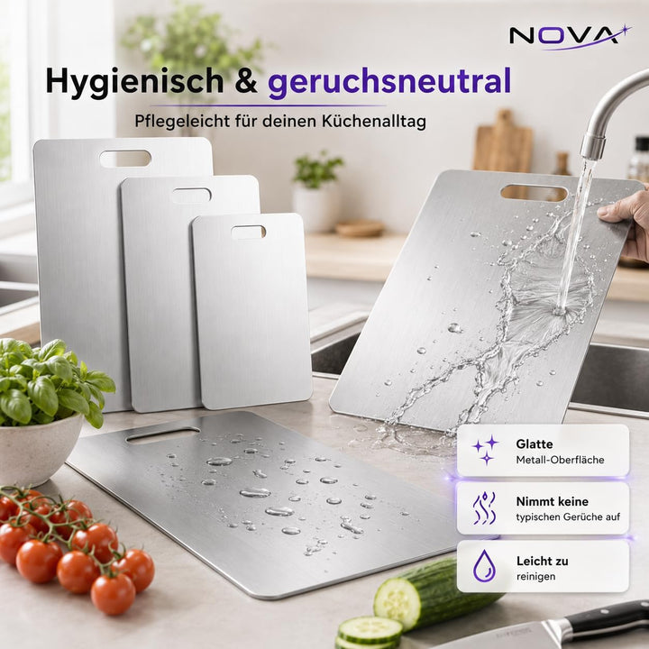 Titan Schneidebrett Set 3-teilig (S+M+L) aus 100% Titan, doppelseitig & BPA-frei – Premium Küchen Sc