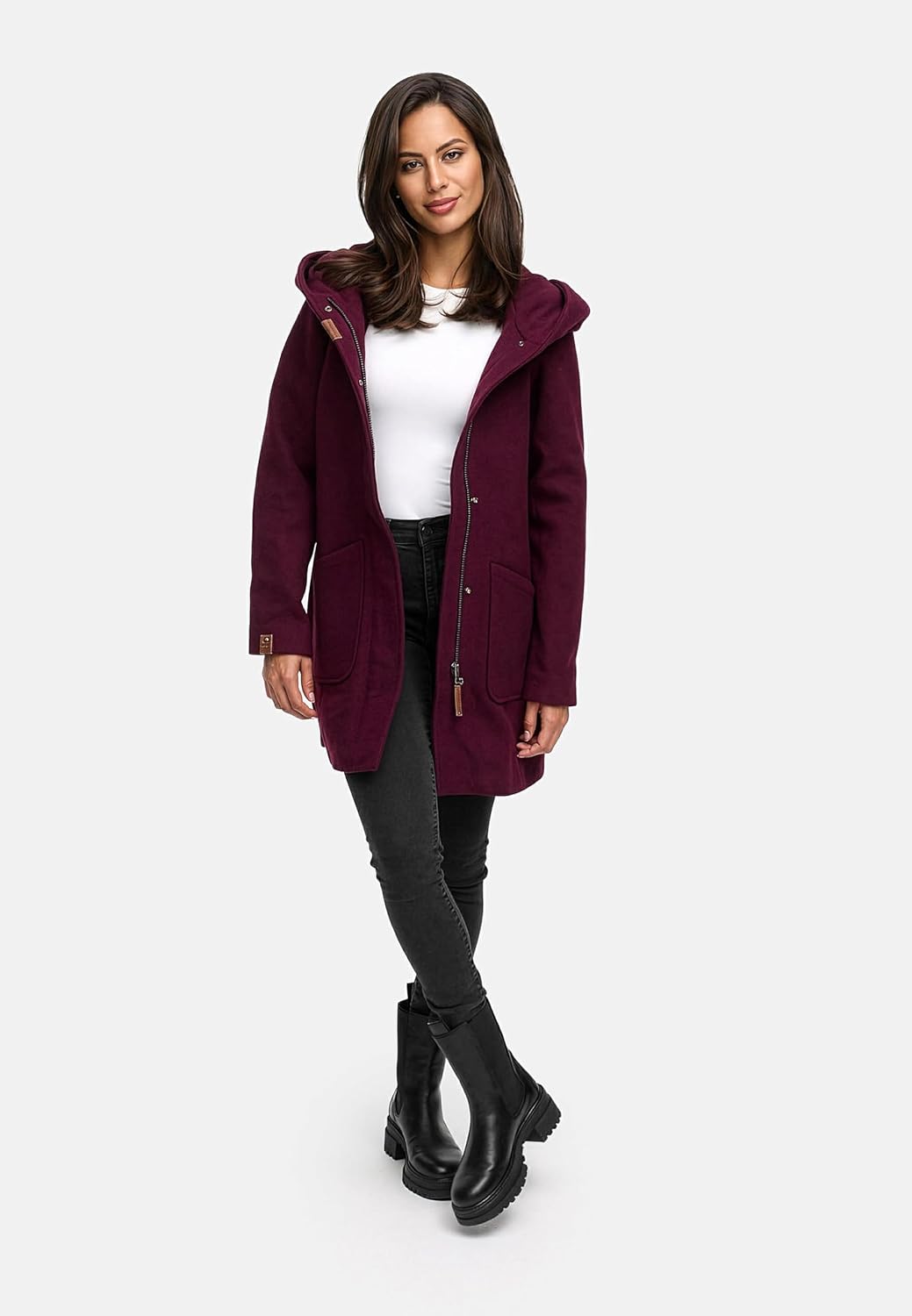 MARIKOO Damen Mantel in Wollmantel-Optik Warmer Trenchcoat mit Kapuze Maikoo XS-5XL L Wine, L Wine