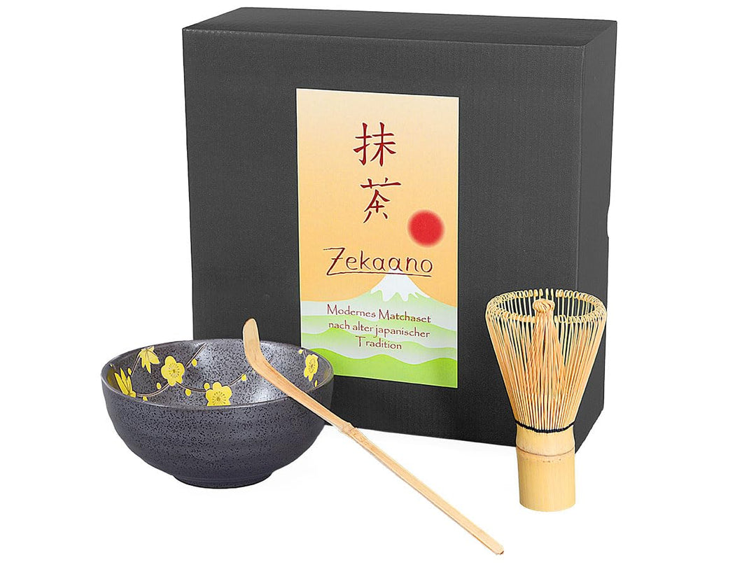 Aricola Matcha-Set 3-teilig, 250ml anthrazit gelb, bestehend aus Matcha-Schale, Matcha-löffel und Ma