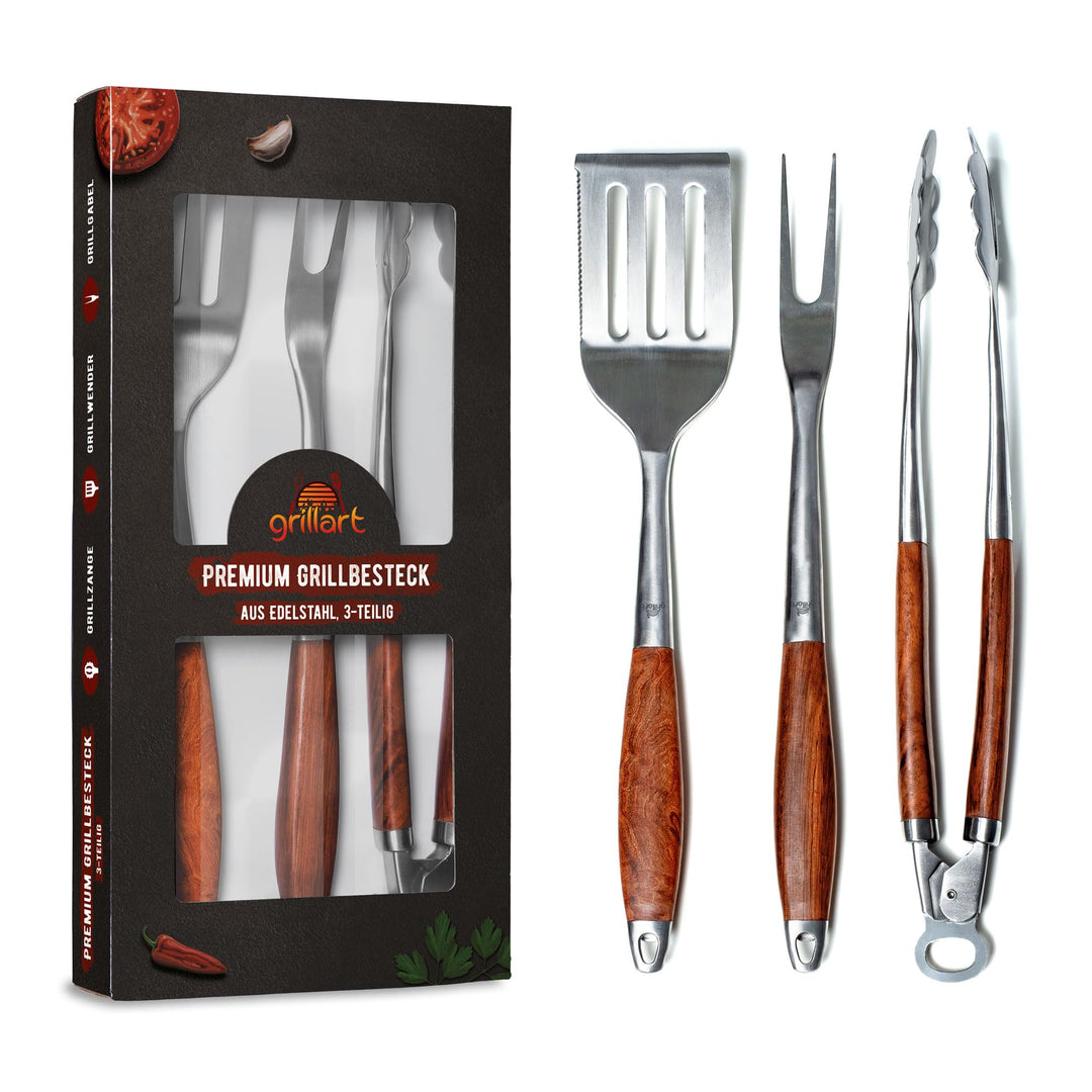 grillart® Premium Grillbesteck Set, 3-teilig aus hochwertigem Edelstahl und edlen Holzgriffen – Gril