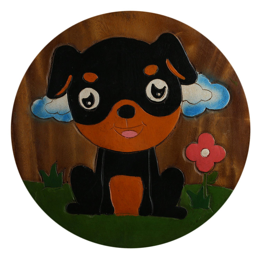ART-CRAFT KH066 Kinderhocker Holz Schemel mit Motiv Hund bemalt und beschnitzt extra grosse Sitzfläc