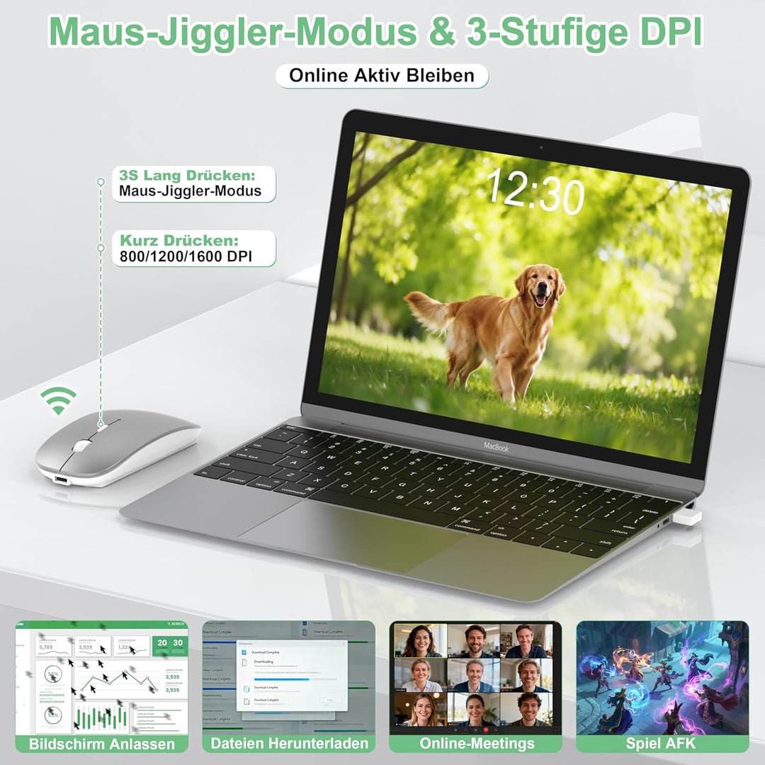 Bluetooth Maus Kabellos mit Jiggler, Wiederaufladbare Funkmaus für Laptop MacBook Air Mac iPad Pro P