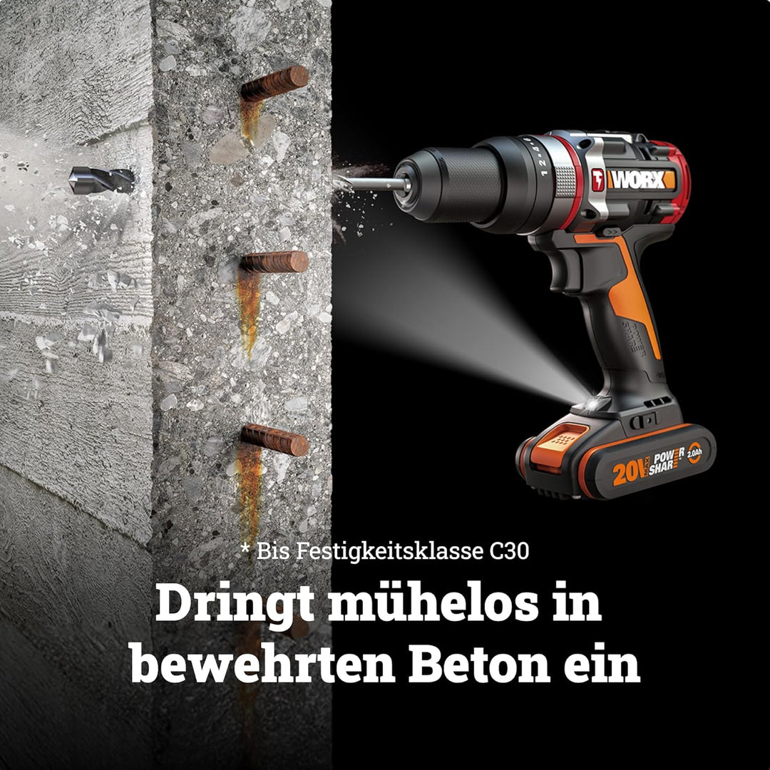 WORX Nitro WX354.9 Akku-Schlagbohrhammer 20V - bürstenloser Motor - 18 Drehmomenteinstellung + Bohre