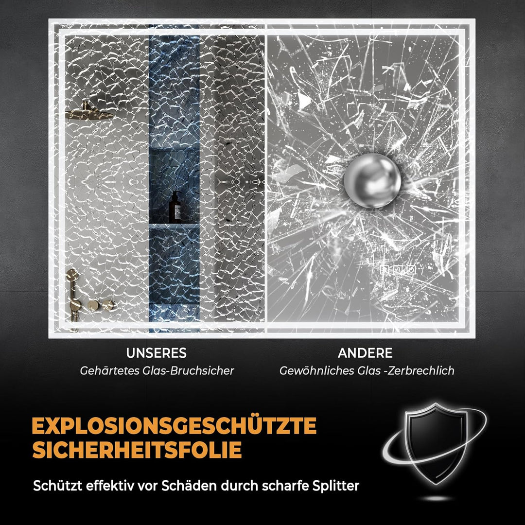 Badspiegel Mit Beleuchtung, 80L x 60B cm - Badezimmerspiegel Mit Beleuchtung, Stufenlose Dimmung, 3-