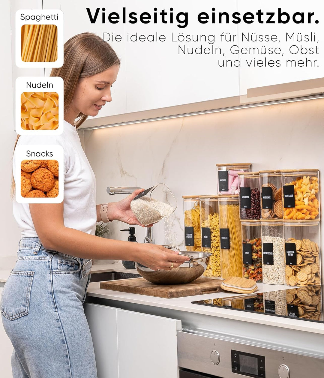 Deco haus® Spaghetti Aufbewahrung 3er Set Eckig - Vorratsgläser mit Deckel + Etiketten [LUFTDICHT] -