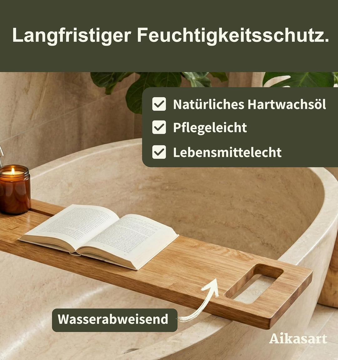 Badewannenablage Eiche mit Tablethalterung – Länge 50-180 cm – Wasserabweisend Dank natürlicher Öl-W