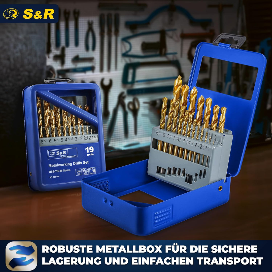 S&R Metallbohrer Set 19 Stk 1,0-10 mm in Industrie-Qualität, HSS-G TITANIUM Stahlbohrer, extra hohe