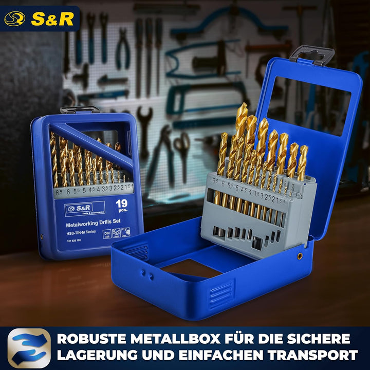 S&R Metallbohrer Set 19 Stk 1,0-10 mm in Industrie-Qualität, HSS-G TITANIUM Stahlbohrer, extra hohe