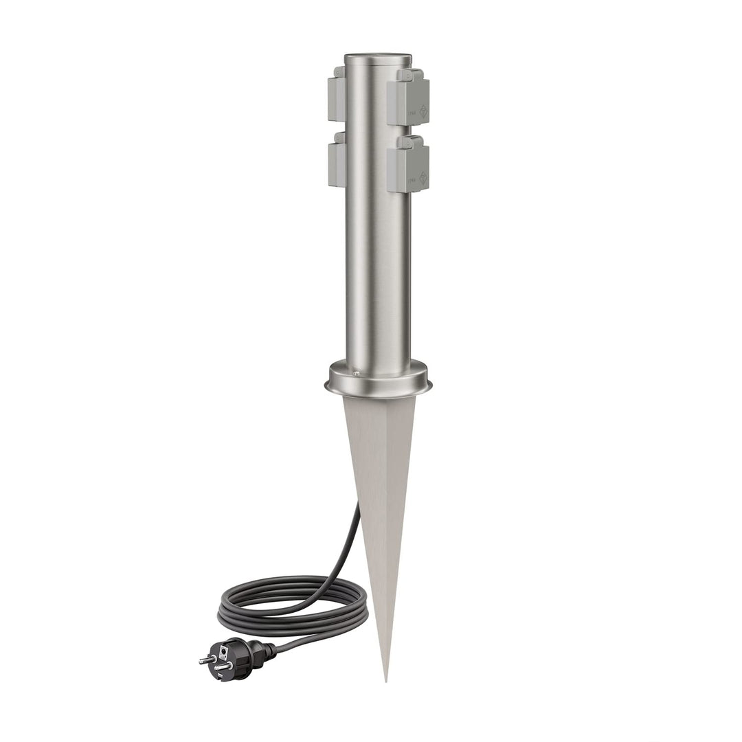ledscom.de Garten-Steckdosen-Säule PORU mit Erdspiess und 2m Kabel für aussen, 4-Fach, Edelstahl, ru