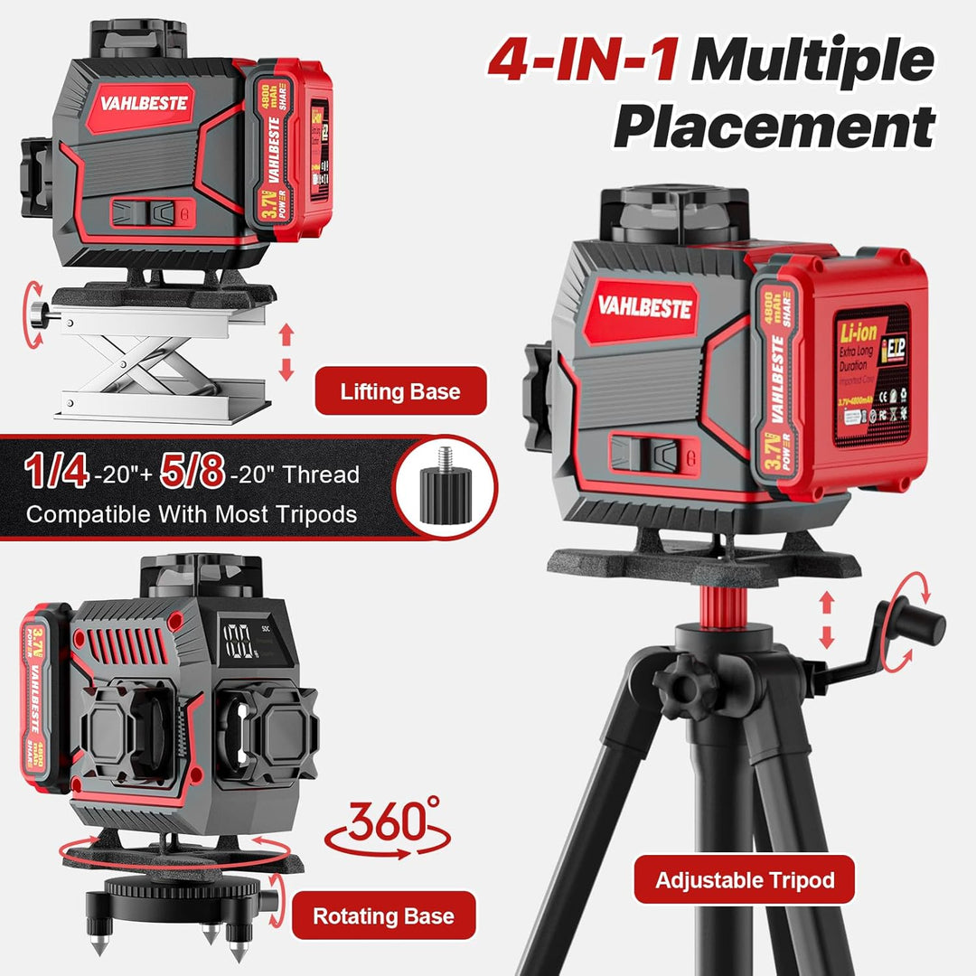 Kreuzlinienlaser mit Stativ, Laser Wasserwaage, 4x360 Grad Laser Level mit 2x4800mAh Batterien & LED