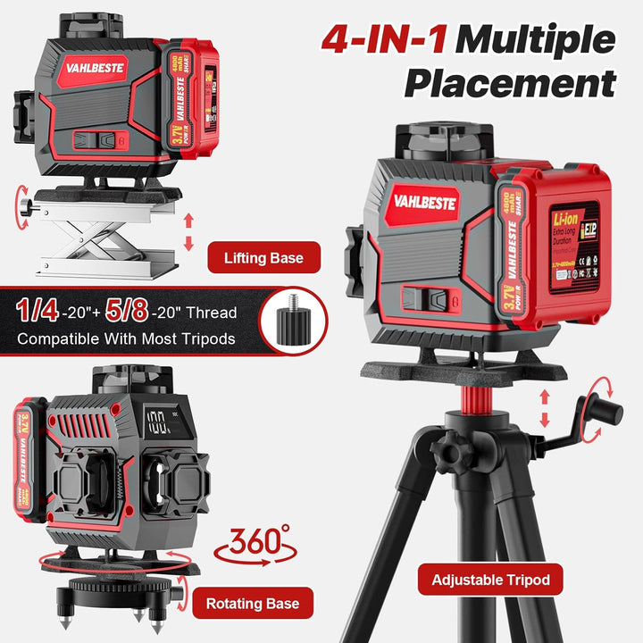 Kreuzlinienlaser mit Stativ, Laser Wasserwaage, 4x360 Grad Laser Level mit 2x4800mAh Batterien & LED