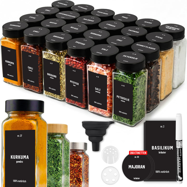 Deco haus® Gewürzgläser eckig luftdicht 24er Set [inkl. Etiketten & Streueinsatz] - Gewürzdosen Set
