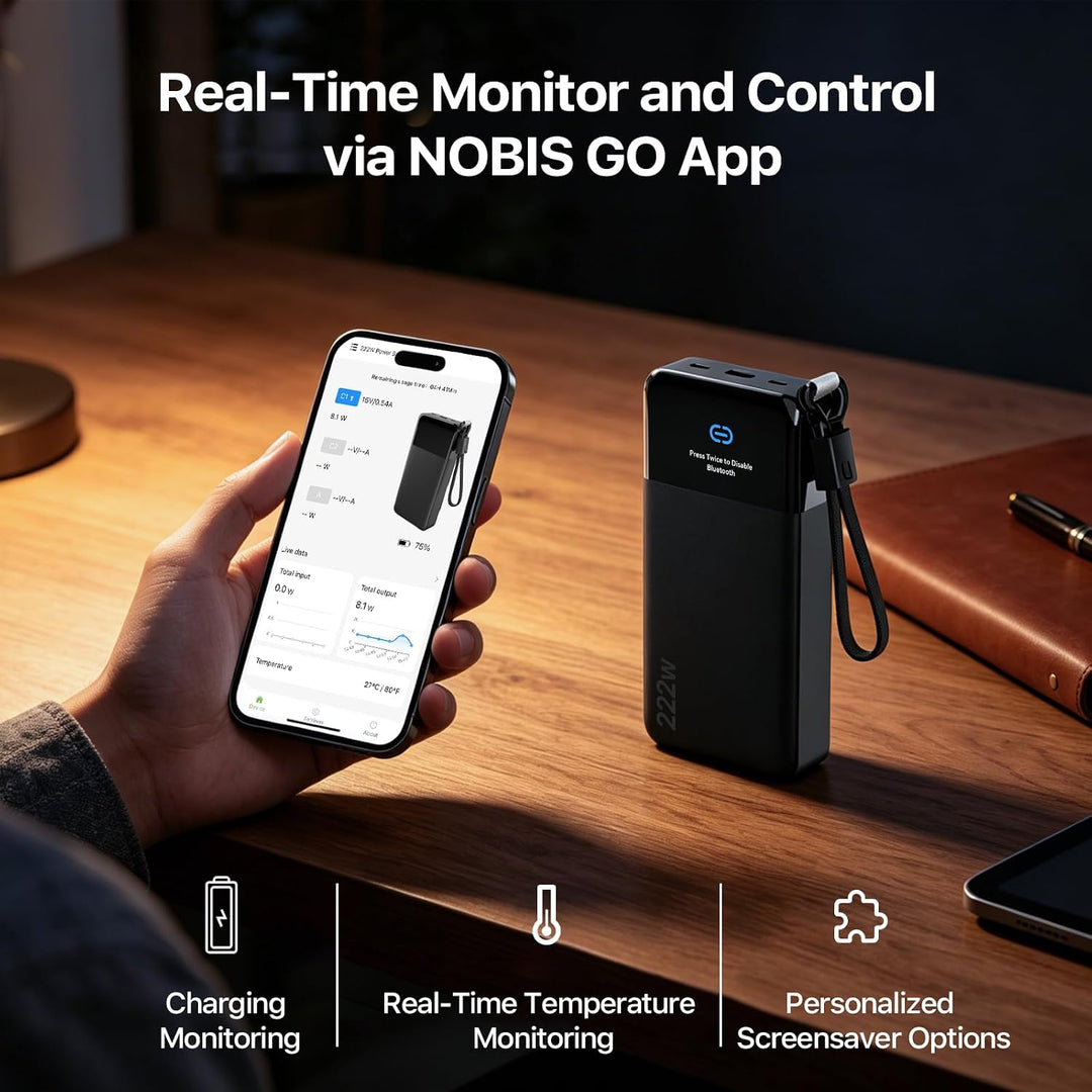 NOBIS 222W 25.000 mAh PD Schnelllade Power Bank mit Lanyard-Kabel | Smart Digitalanzeige, 3 Ausgänge