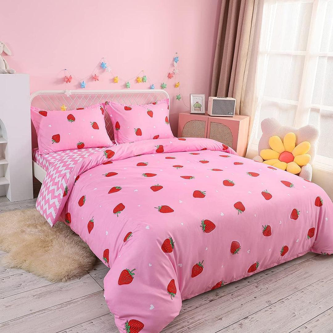 Loussiesd Erdbeere Bettwäsche Set 200x200cm für Kinder Mädchen Frauen Rosa Bettwäsche Erdbeere Muste