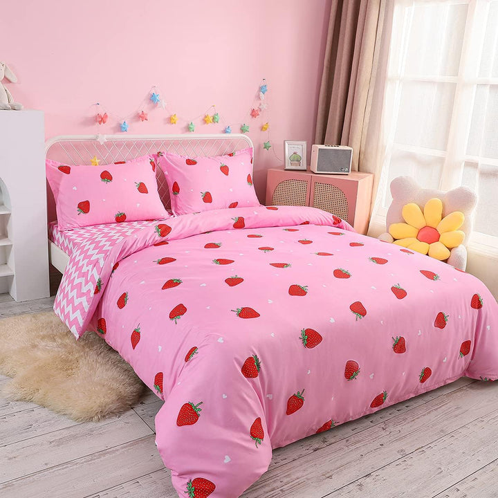 Loussiesd Erdbeere Bettwäsche Set 200x200cm für Kinder Mädchen Frauen Rosa Bettwäsche Erdbeere Muste