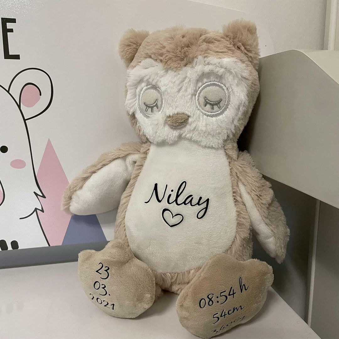 mamir home Eule Kuscheltier personalisiert mit Name + Geburtsdaten I 28cm Plüschtier I Baby Geschenk