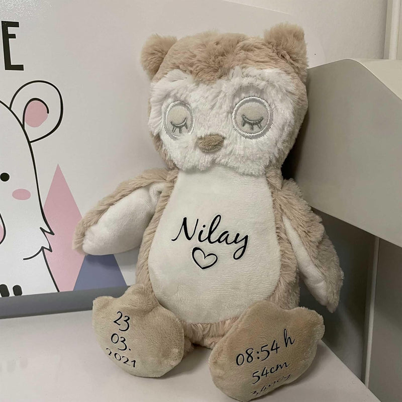 mamir home Eule Kuscheltier personalisiert mit Name + Geburtsdaten I 28cm Plüschtier I Baby Geschenk