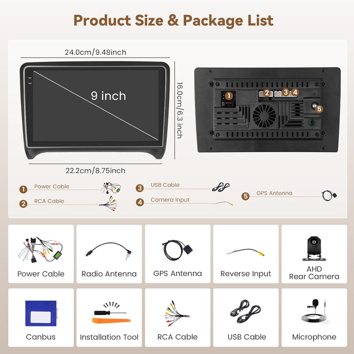 Hikity Android 15 4+64G Autoradio für Audi TT Mk2 2006-2014 mit 9 Zoll Incell Touchscreen, Autoradio
