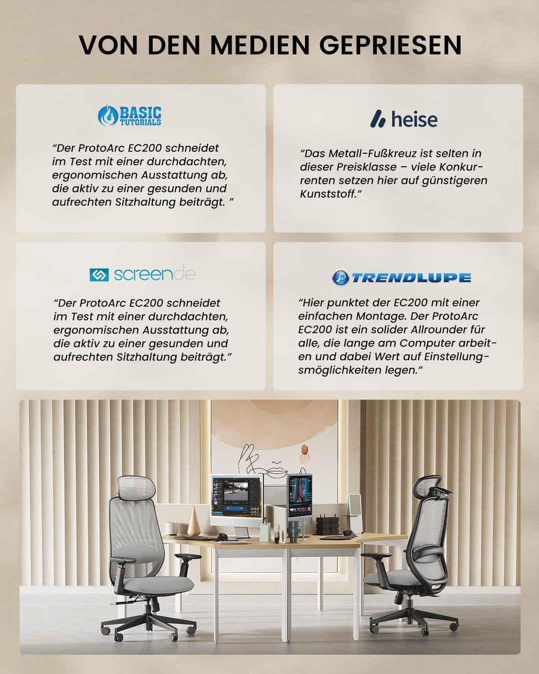 ProtoArc EC200 Bürostuhl Ergonomisch, Schreibtischstuhl mit Höhen- und Tiefenverstellbarer Lendenwir