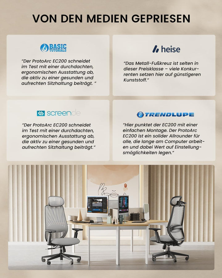 ProtoArc EC200 Bürostuhl Ergonomisch, Schreibtischstuhl mit Höhen- und Tiefenverstellbarer Lendenwir