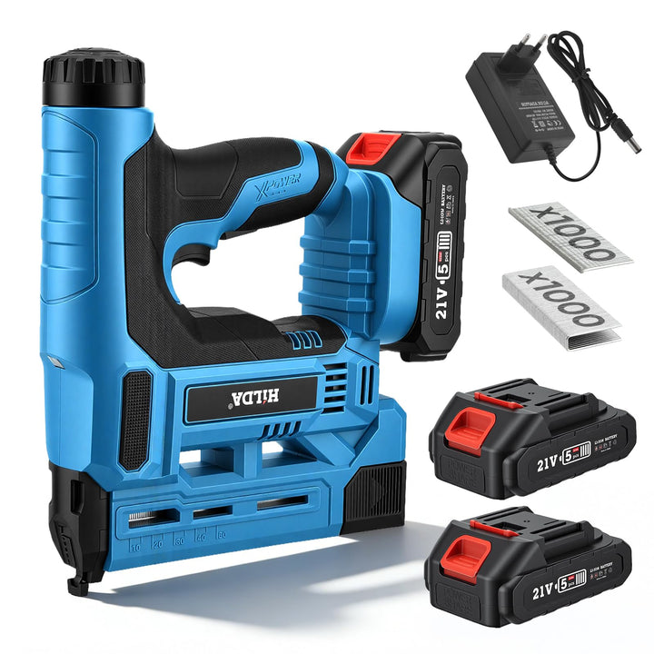 Akku Nagler Set, 2-in-1 18GA Elektrotacker mit 2x 2,0Ah Akkus, Ladegerät &1000 Nägeln+1000 Klammern,