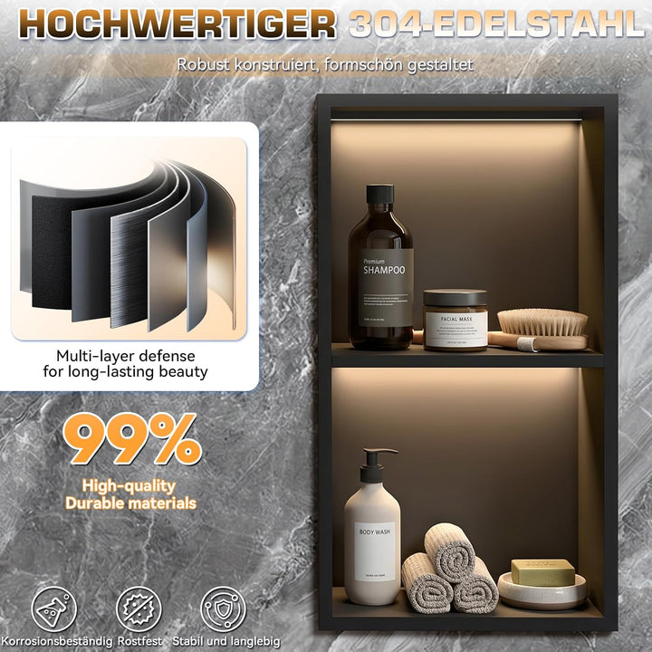 60 x 30 cm Wandnische Dusche, 304 Edelstahl Eingebettete Duschnische mit LED-Beleuchtung &amp; Transform