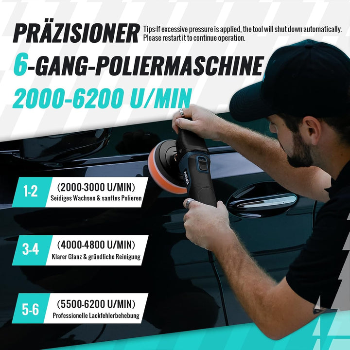 Mini Poliermaschine Auto, AUTIWOZ 630W Polierer mit 6 Variable Geschwindigkeit 2500-4500 RPM, Seiten