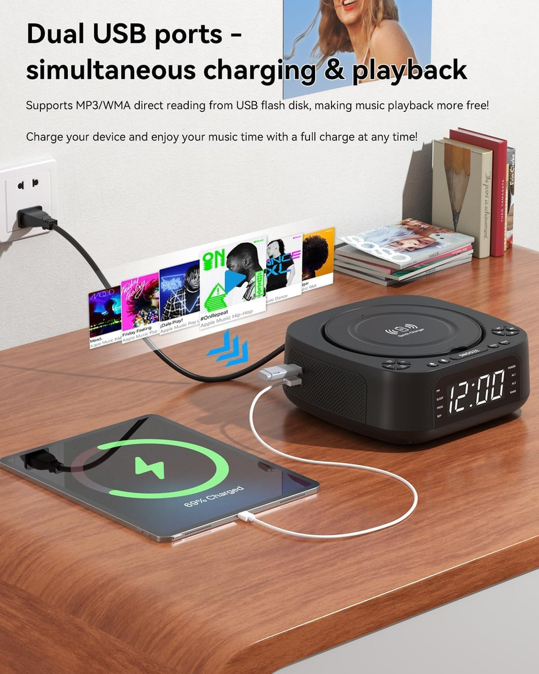 MONODEAL CD Player Tragbar mit Wireless Charger, 2025 Tragbarer CD Player Bluetooth, Wiederaufladbar